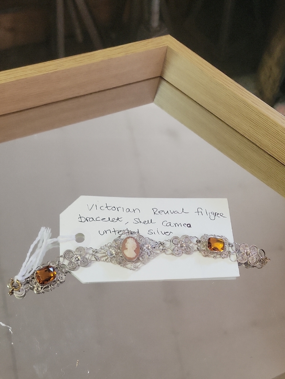 Victorian Revival Shell Cameo Filigree Bracelet in Amber and Silver